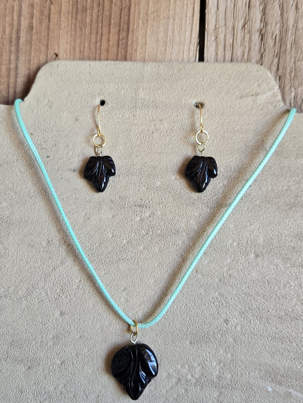 Handmade Italian Black Glass Leaf Necklace & Earrings Set | Adjustable Cord